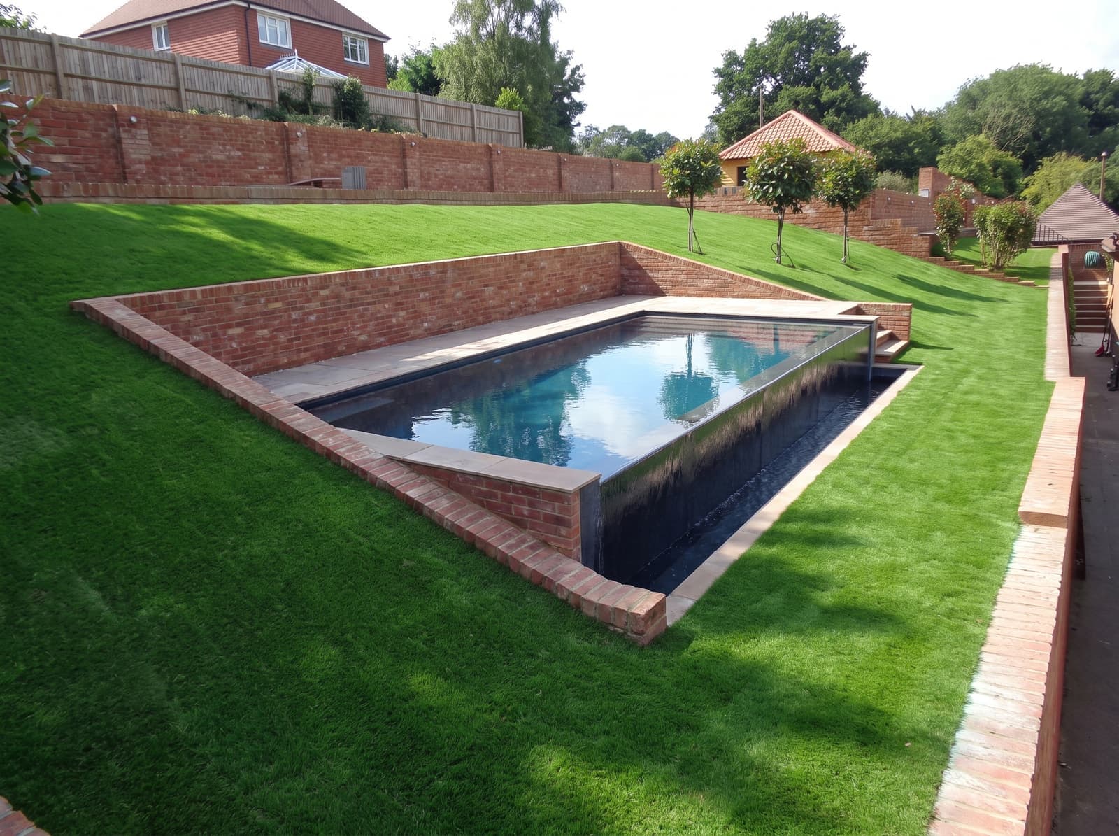 The same backyard with an infinity-edge pool, AI visualization